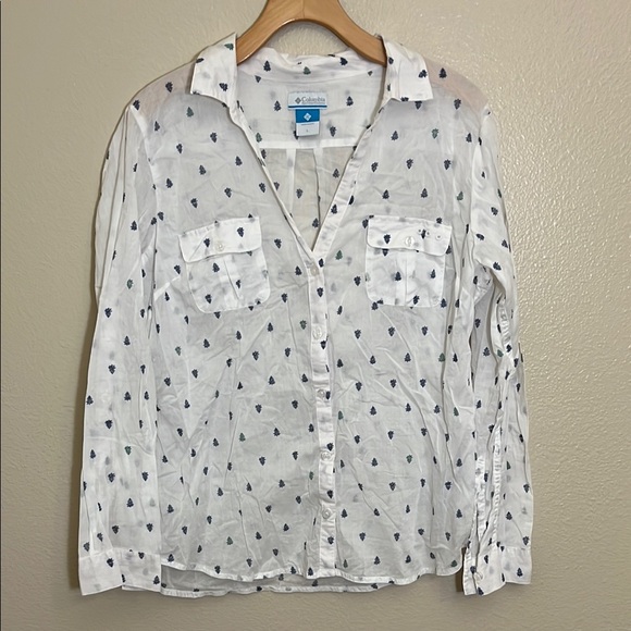 Columbia White Navy Tree Pattern Sheer Cotton Button Down Long Sleeve Shirt - Picture 1 of 9